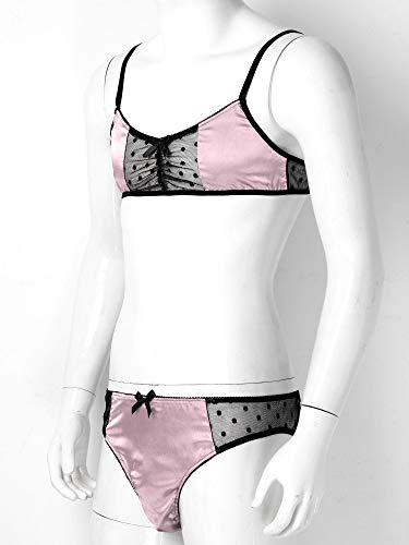 Mens Smooth Satin Mesh Lingerie Set Whisper Bralette Bra Tops with Sissy Panties Thongs4