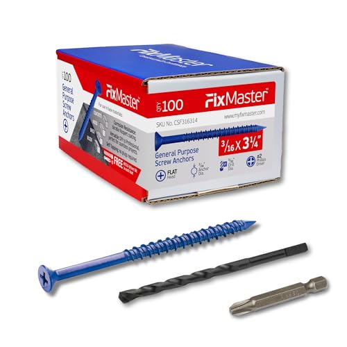 FixMaster 3/16 x 3-1/4' Countersunk Phillips Flat Head Blue Concrete Screw Anchors (100 pcs Screw...