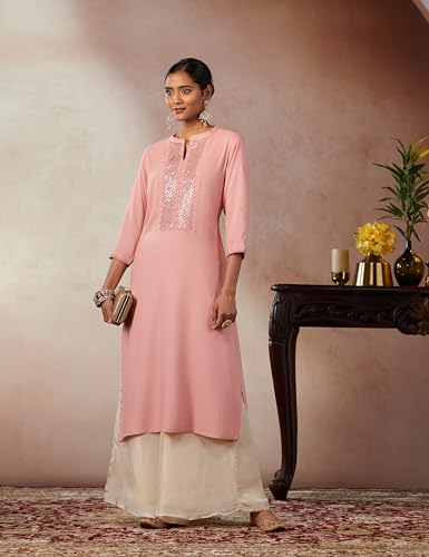 Image of Soch Womens Peach Rayon Mandarin Collar Kurta with Sequins