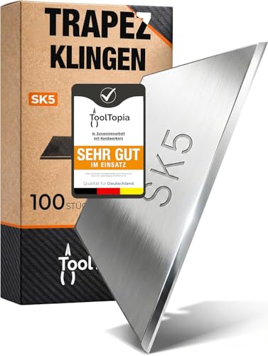 100x Trapezklingen aus SK5 Stahl – Scharfe Cuttermesser Klingen & Teppichmesser Klingen Set – Universelle Ersatzklingen für Cuttermesser & Cutter Klingen in praktischer Spenderbox - ToolTopia