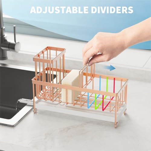 Image of Cisily Sponge Holder for Kitchen Sink, Sink Caddy Organizer with High Brush Holder, Kitchen Countertop Organizers and Storage Essentials, Rustproof 304 Stainless Steel (Rose Gold, 9.25″)