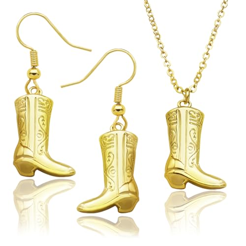 Texas Cowboy Boot Necklace Earrings Western Jewelry Set for Women Silvery Golden Color Cowgirl Choker Dangle Earring Set Dainty Country Accessories Rodeo Outfit for Ladies Trendy Golden Color