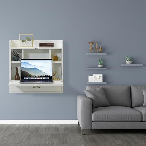Bureau mural rabattable blanc gain de place avec tiroir et rangements