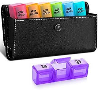 Amazon Brand  Eono 7 Day Pill Organizer 3 Times a Day with PU Leather Case - Weekly Pill Box with 21 Large Compartments for Morning Noon Evening
