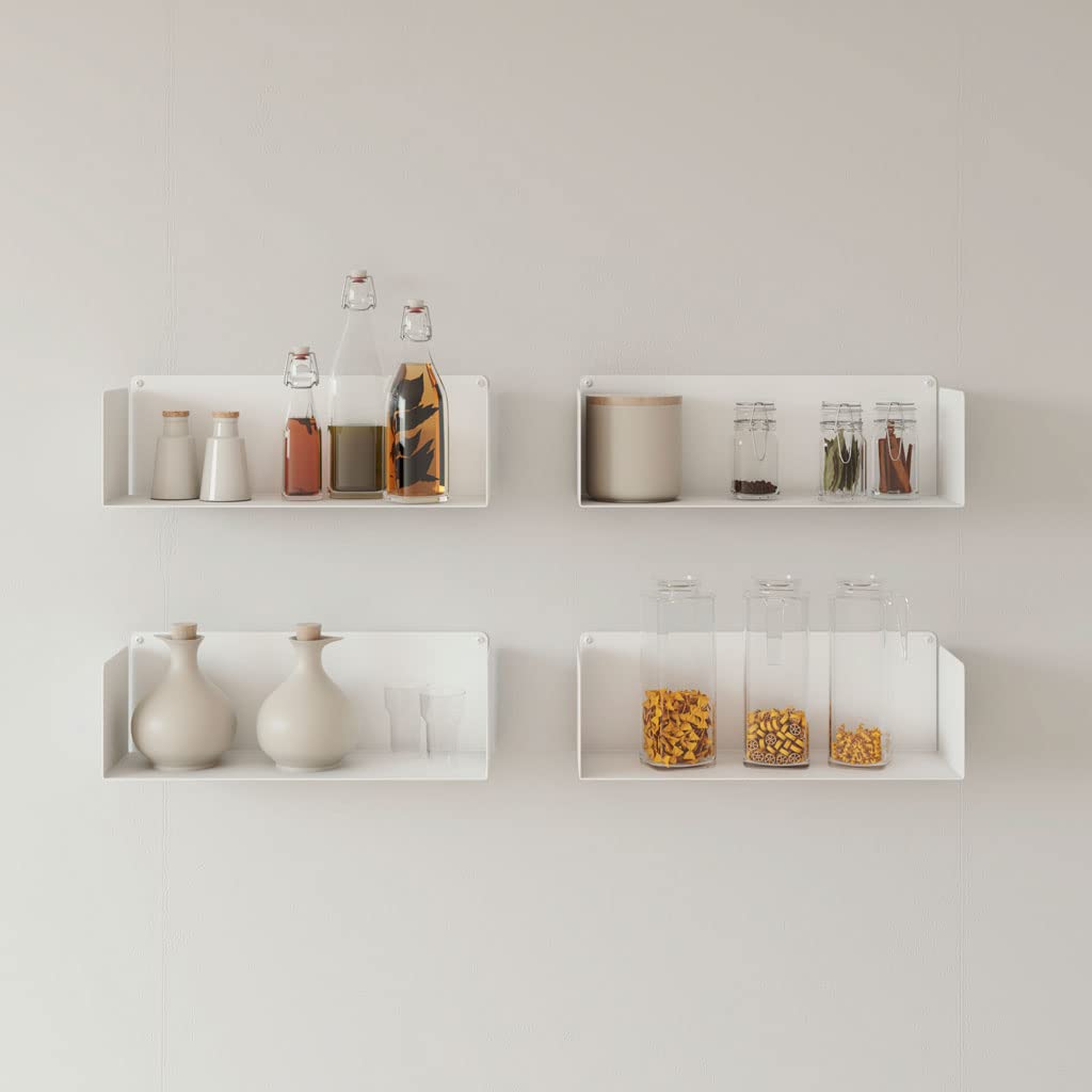Juego de 4 Estantes Metálicos Flotantes de Pared | Longitud: 45 cm | Estantería Ideal para organización de Libros y Cocina | Acero Lacado al Horno | Fabricado en España (White)