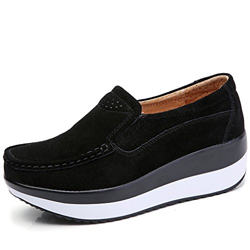 Solshine Damen Wildleder Plateau Loafers Keilabsatz Mokassins Slipper P025 Schwarz 40EU