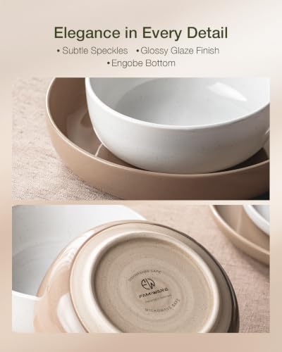 Image of Famiware Milkyway Plates and Bowls Sets, 12 Pieces Stoneware Dinnerware Sets, Dishes Set for 4, White & Cinnamon Brown