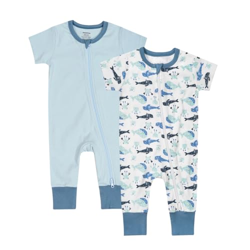 Teach Leanbh Baby Boys Girls 2 Pack 2 Way Zipper Footless Pajamas Cotton Short Sleeve Printing Romper Sleep and Play