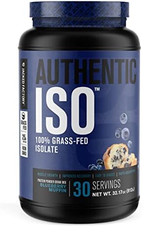 Jacked Factory Authentic ISO Grass Fed Whey Protein Isolate Powder - Low Carb, Non-GMO Muscle Building Protein w/No Fillers, Post Workout Recovery, Blueberry Muffin - 2 LB 30 SV