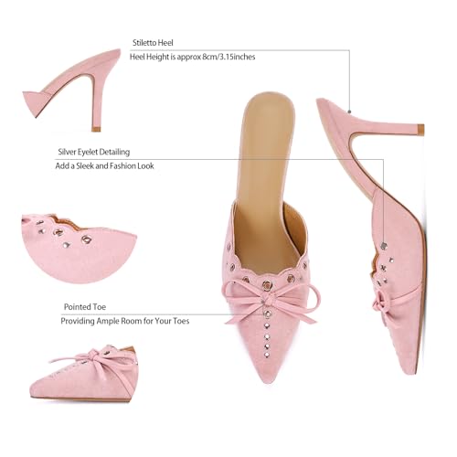 Image of DOEYG Pink Kitten Heels for Women Pointed Toe Heels Mules Dressy Vintage Bow Sexy Pointy Studded Slip on Stiletto Pumps Size 7.5