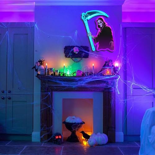 Image of Grim Reaper Neon Sign with Scythe, Dimmable LED Skeleton Neon Light for Wall Decor, Gothic Room, Man Cave, Bar, Game Room Decor Gifts
