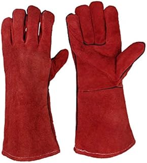 JZK Heavy duty large leather heat resistant heat proof lined welders gauntlets gloves for wood burner log burner BBQ, gardening gloves for men