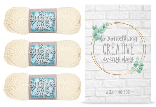 I Love This Cotton! Yarn, Yarn For Knitting, Crocheting, And Crafts, 3 Pack Bundle With Craft Notebook From Pro31 Press (Ivory) #TOP10