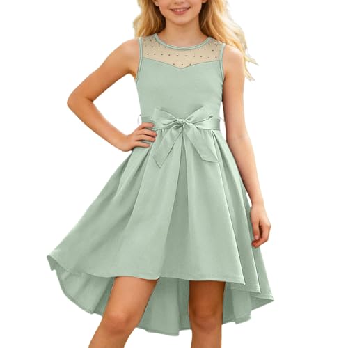 Image of Elegant Girls Sleeveless Satin Party Dress with Mesh Bow Belt for Formal Occasions, Floor-Length Gown for Special Events, Sizes 5-10 Years (Mint Green, 5-6 Years)