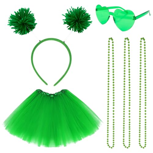 Green Tutu Skirt Costume Set - St Patricks Day Accessories St Patricks Day Outfit Green Tutu Costume Skirt Tulle Dress Up with Headband Heart Sunglasses Necklace for Party