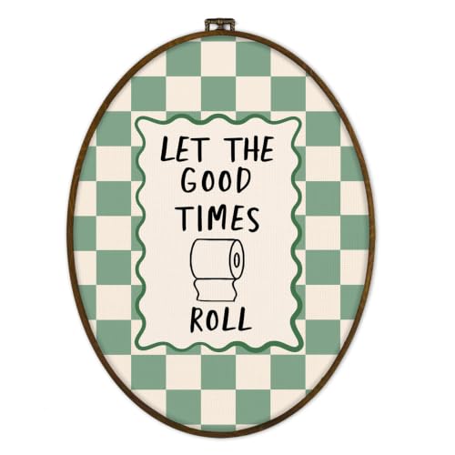 GWFSJYU Funny Sage Green Bathroom Framed Oval Wall Art Decor, Trendy Checkered Canvas Prints Wall Art, Let the Good Times Roll Hanging Decor for Toilet Bathroom Restroom, 8.7x11.3 Inch