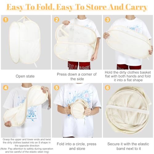 WUFANC Pop Up Wäschekorb Faltbar 2 Stück aus Netzmaterial (36 * 36 * 58cm) mit Henkel für Badezimmer, Camping, College Dorm und Reisen, Zusammenklappbarer Korb für schmutzige Wäsche (Beige)