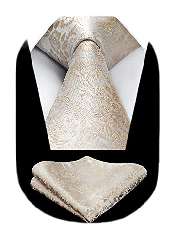 Image of HISDERN Men Floral Ties Woven Classic 3.4 inch Necktie Set Formal Tie Pocket Square for Wedding with Handkerchief Gift Box