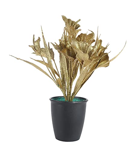 Image of FOLIYAJ Artificial Golden Tulip Plant with Black Pot | Place This Faux Plant on Shelves, Desks, Side or Center Tables to Decorate Your Home or Office | Fake Plants for Interior Decoration