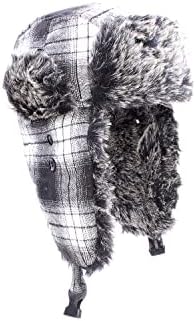 Unisex Trapper Hats | Winter Hat with Ear Warmers | Russian Faux-Fur Hat | Aviator Hat for Men and Women | Bomber Hat | Lumberjack Hat | Trooper Snow Hat with Ear Flaps. (Grey and Black Plaid)