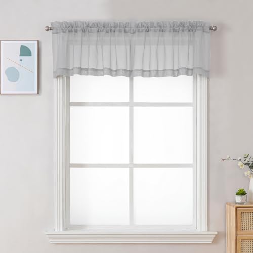 Image of Chyhomenyc Light Grey Sheer Valance for Windows, 42Wx12L, 2 Pack | Light Filtering Voile Soft Airy Topper Small Window Treatment Rod Pocket, Living Room Bedroom Laundry Basement