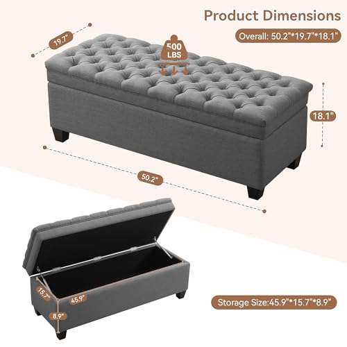 Image of WUTUTUEE 50 inch Fabric Storage Ottoman Bench, Upholstered Rectangle End of Bed Storage Ottoman Tufted Living Room Bedroom Bench with Safety Hinge, Solid Wood Legs, Loads 500 lb(Dark Grey)
