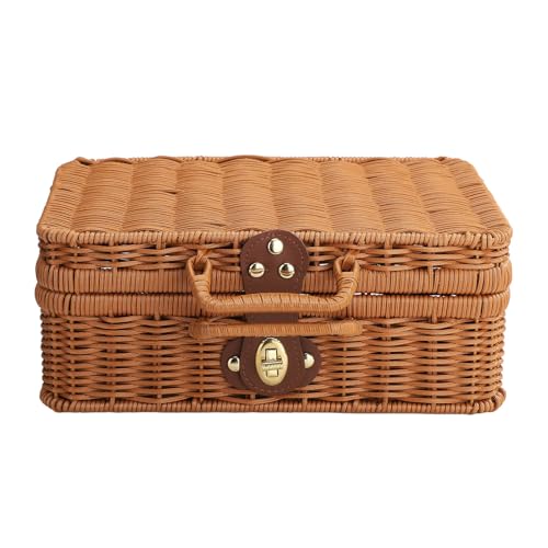 Cesta de almacenamiento tejida, maleta de ratán, caja de picnic tejida, cesta de mimbre retro, caja de accesorios, cesta de regalo para camping, cesta de almacenamiento con asas y candado de metal