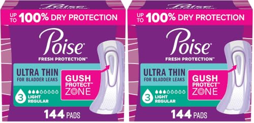 Image of Poise Ultra Thin Incontinence Pads & Postpartum Pads for Bladder Leaks, 3 Drop Light Absorbency, Regular Length, Packaging May Vary,144 Count (Pack of 2)