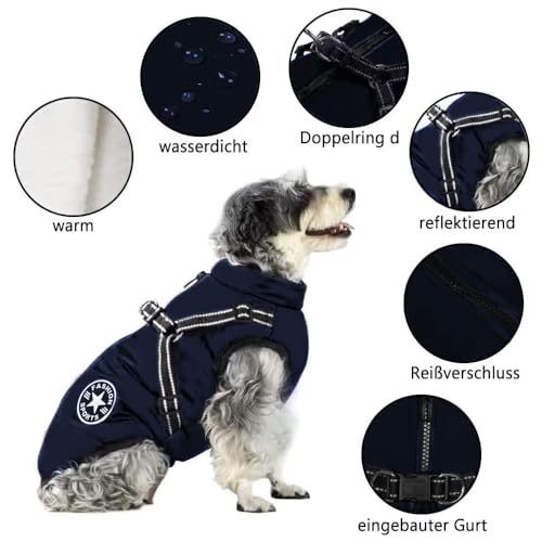 Voarge Hundejacke Winterweste Jacken, Hundemantel mit Geschirr für Kleine Hunde Hundemantel Wasserdicht Maschinen Waschbarer Reflektierender Streifen Design Haltbarer D-Ring (Blau, L)