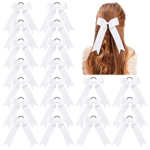 YLEN YHXX 20 PCS Cheer Bows with Tails Large White Cheer Hair Bows with Ponytail Holder Handmade Grosgrain Ribbon Hair Accessories for Cheerleading Teen Girls College Sports