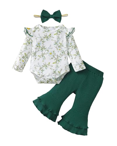 Image of SUNNY PIGGY Baby Girl Clothes Newborn Outfits Ruffle Floral Romper Flared Pants 3Pcs for Infant 0 3 6 9 12 18 24 Months