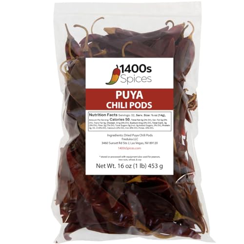 1lb Puya Dried Whole Chile Peppers, Pulla Chili Seco Pods for Authentic Mexican Food, Heat-Sealed Resealable Bag by 1400s Spices