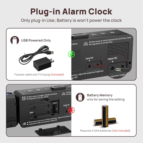 Netzu Projection Alarm Clock for Bedroom Ceiling, Small Compact Plug-in Digital Clocks with 180&deg; Rotatable Projector, Temperature 4 Levels Birghtness, 3 Volumes and Snooze (RGB)