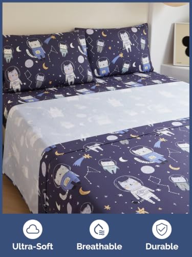 Image of Kids Full Size Cat Bed Sheets - 4 Piece Kids Cat Sheet Set - Galaxy Astronaut Bedding - Ultra-Soft, Cute & Cozy - Breathable & Machine Washable - Wonderful Bed Set for Boys, Girls, Teens & Toddlers