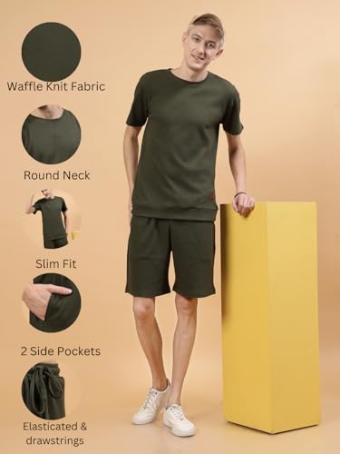 Image of Rigo Cotton Blend Waffle Knit Self Textured Co-Ord Set For Men's|Night Suit Set|Lounge-Wear Pajama Set|Night Wear, Beach Wear, Vacation Wear