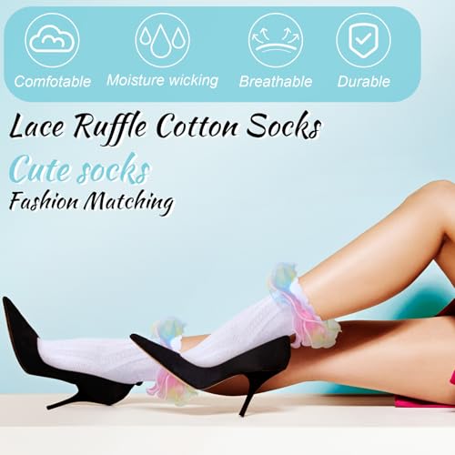 Image of Geyoga 3 Pairs Women Big Ruffle Socks Turn Cuff, Double Lace Ankle Cotton Frilly Socks for Ladies Summer