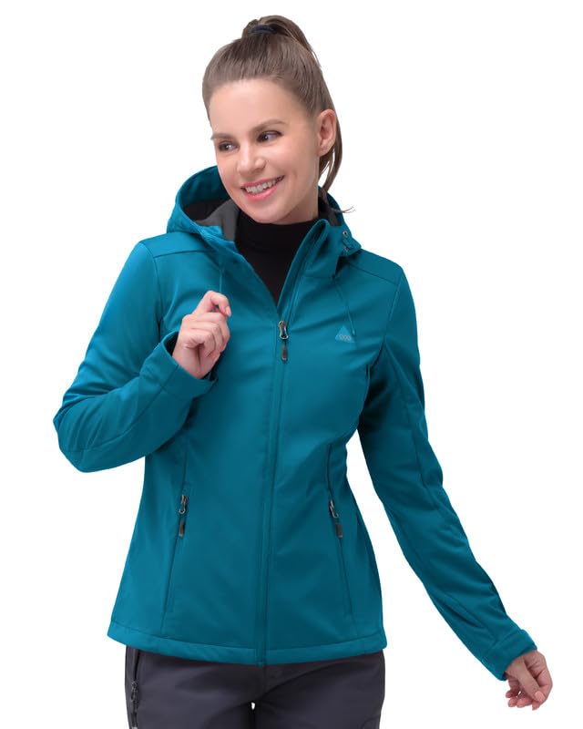 33,000ft Damen Softshelljacke Wasserdichte Winddichte Funktionsjacke Atmungsaktive Übergangsjacke Leichte Fahhradjacke mit Kapuze Windbreaker zum Laufen, Radfahren, Wandern，Dodge Blau 38