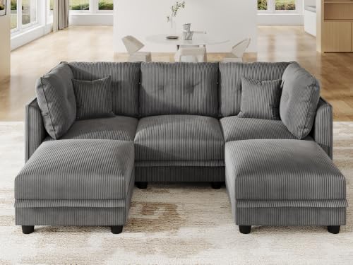 Image of LLappuil Modular Sectional Sofa with Storage, U-Shaped 5-Seat Corduroy Couch with 5 Throw Pillows, Pet-Friendly Convertible Sofa for Small Space, Skin-Friendly, Grey