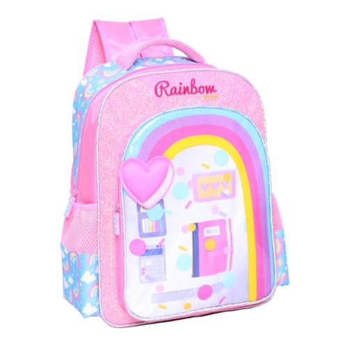 Mochila De Costas Com Glitter e Coração Fofo Arco-íris Infantil Escolar 2026 (Rosa, M)