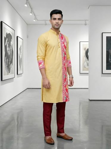 Image of Men's Jamdani Printed Kurta Pajama Set | Pure Cotton Ethnic Kurta with Mandarin Collar & Dupion Silk Pyjama | Festive & Weddings 303A12A 303SB12B(M XXL)
