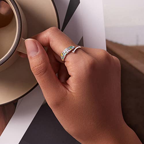 FOREVER QUEEN Open Ring, 925 Sterling Silver Cute Feather Ring Opening Mouth Leaf Ring, Simple Wedding Finger Ring for Women3
