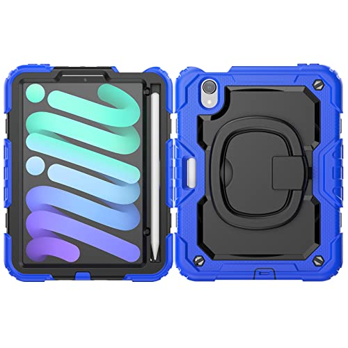 Coque iPad mini 6 enfant pour les trajets en voiture avec bandoulière et support bleu