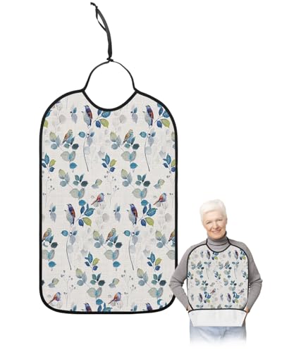 LEOKOTI Pastoral Birds Adult Bibs for Eating, Waterproof Bibs with Food Catcher & Adjustable Snap Closure, Watercolor Blue Teal Botanical Rustic Washable Clothing Protectors Adult Bibs for Elderly