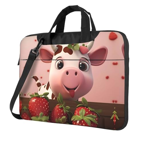 Bolsa de hombro multifuncional para laptop, diseño de vacas y fresas, 14.96 pulgadas de largo, maletín de hombro