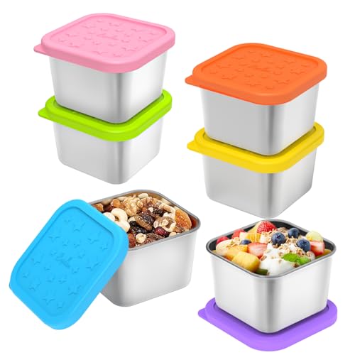 SOPHICO Stainless Steel Snack Containers for Kids, 6 oz Leak Proof Small Food Storage Container with Silicone Lid, 304 Metal Toddler Lunch Box for...