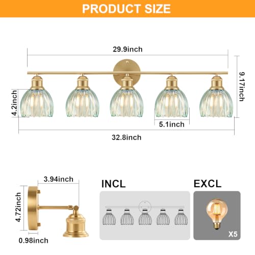 Image of Bathroom Light Fixtures, 5-Light Brushed Gold Vanity Lights for Bathroom with Blue Tulip Glass Shade, 30 inch Vintage Bathroom Vanity Lighting Fixtures Over Mirror for Bedroom Living Room Hallway