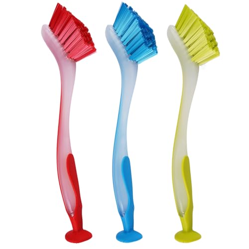 Cepillo De Plato De 3 Piezas con Mango, 26×3,5cm Colores Surtidos Tareas Lavado De Platos, Cepillo para Lavavajillas con Taza De, Colores Surtidos para Tareas De Lavado De Platos para Cuencos