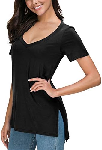 Herou Women Casual Summer Short Sleeve Tops T-Shirts Tees with Side Split (Vneck-Black, Large)