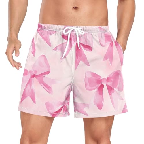 2 in 1 Mens Pink Bow Swim Trunks 4.7 Inch Swim Shorts Swim Suits Board Shorts（919）