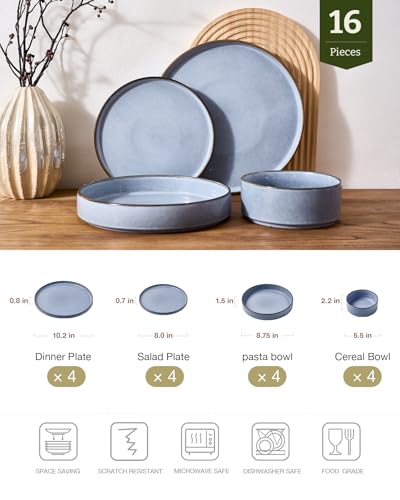 Image of Famiware Annecy Plates and Bowls Sets, Service for 4 (16 Pieces), Dinnerware Sets with Pasta Bowls, Microwave and Dishwasher Safe Dishes Set, Chip and Scratch Resistant, Reactive Blue